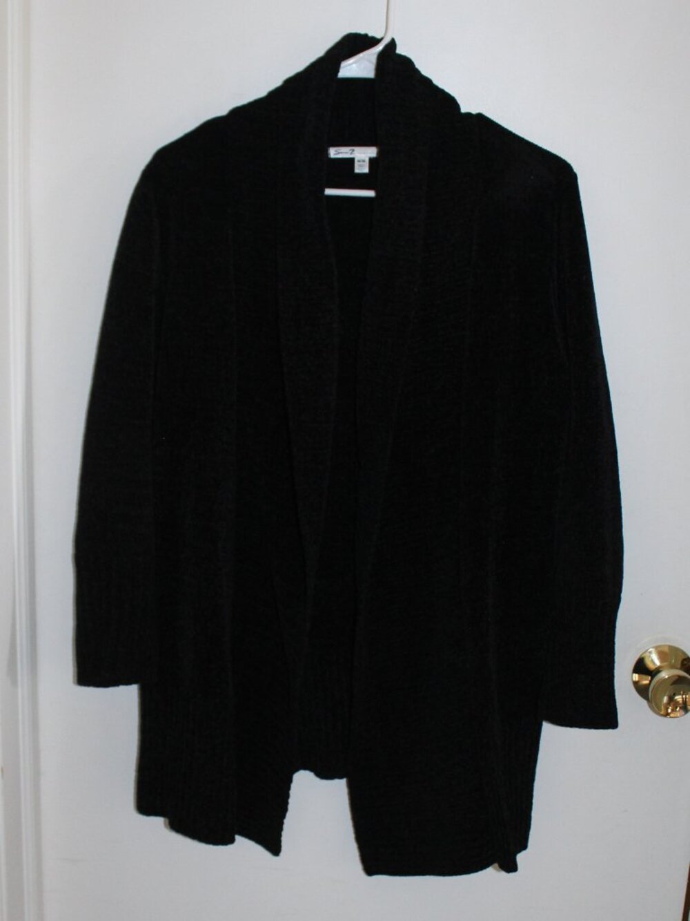 Seven7 Womens Chenille Cardigan Sweater Black Open Front Shawl Collar Medium